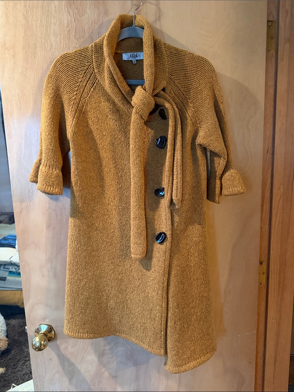 Anthropologie Mustard Knit Button-Front Cardigan with Tie